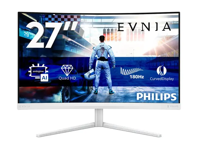 Philips Evnia 5000 27M2C5501 - LED-skjerm gaming - kurvet - 27" - 2560 x 1440 QHD @ 180 Hz - Fast VA - 5000:1 - HDR10 - 0.5 ms - 2xHDMI, DisplayPort - hvit 