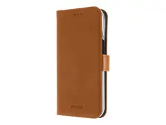 Insmat Premium - Lommebok for mobiltelefon ekte skinn, polykarbonat, kartong+papir+aluminiumsfolie, bomullssting - brun - for Apple iPhone 15 Plus