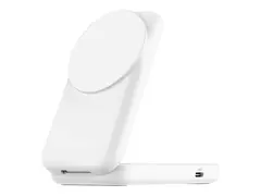 Belkin UltraCharge - Trådløst ladestativ 2-i-1, Qi2, magnetisk, sammenleggbar + AC-strømadapter - 25 watt - Ultra Fast Charge (USB-C) - hvit