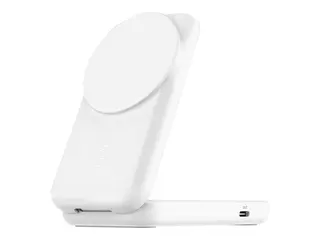 Belkin UltraCharge - Trådløst ladestativ 2-i-1, Qi2, magnetisk, sammenleggbar + AC-strømadapter - 25 watt - Ultra Fast Charge (USB-C) - hvit
