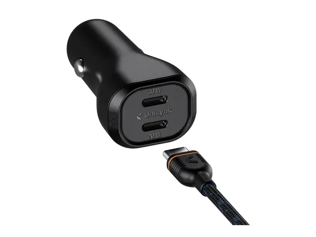 Unisynk - Bilstrømadapter 50 watt 2 utgangskontakter (24 pin USB-C...