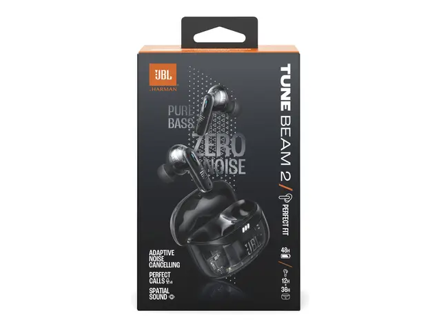 JBL TUNE Beam 2 - Ghost Edition - True wireless-hodetelefoner med mikrofon i øret - Bluetooth - aktiv støydemping - spøkelsessvart 