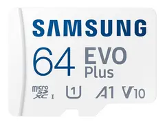 Samsung EVO Plus MB-MC64S - Flashminnekort (microSDXC til SD-adapter inkludert) 64 GB - A1 / Video Class V10 / UHS-I U1 / Class10 - microSDXC UHS-I - hvit
