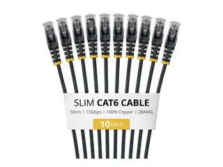 Startech - Koblingskabel - RJ-45 (hann) til RJ-45 (hann) 50 cm - 3.6 mm - UTP - CAT 6 - IEEE 802.3bt Type 4 - halogenfri, 100W PoE support, uten hindringer, flertrådet, slank, formstøpt - svart (en pakke 10)