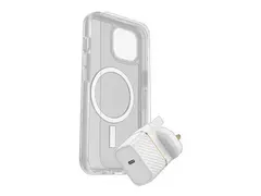 OtterBox Symmetry Series - Baksidedeksel for mobiltelefon MagSafe-samsvar - blank - med Premium Glass-skjermbeskytter og Fast Charge-vegglader USB-C 30 W - for Apple iPhone 15