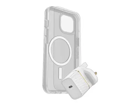 OtterBox Symmetry Series - Baksidedeksel for mobiltelefon MagSafe-samsvar - blank - med Premium Glass-skjermbeskytter og Fast Charge-vegglader USB-C 30 W - for Apple iPhone 15