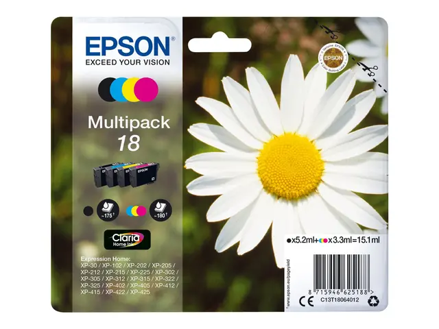 Epson 18 Multipack - 4-pack - 15.1 ml svart, gul, cyan, magenta - original - blære med RF/lyd-alarm - blekkpatron - for Expression Home XP-212, 215, 225, 312, 315, 322, 325, 412, 415, 422, 425 