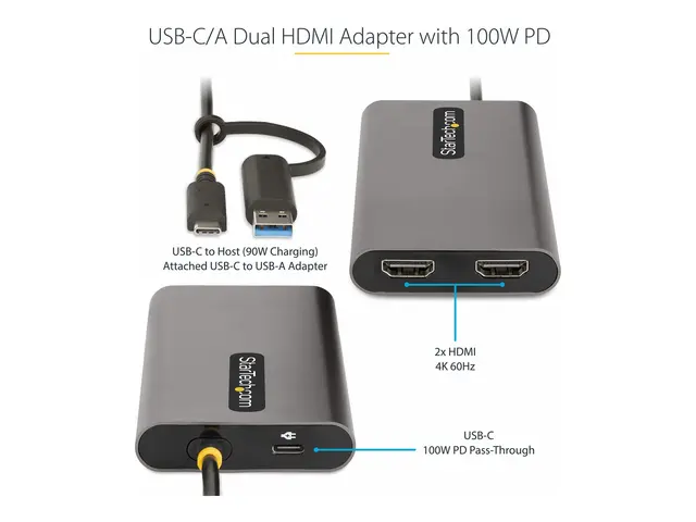 StarTech.com USB-C to Dual-HDMI Adapter, or A 2x HDMI, 4K 60Hz, 10...