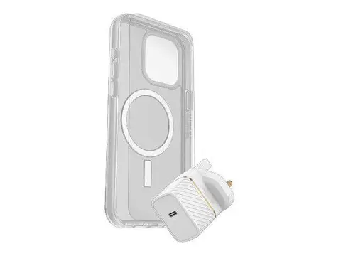 OtterBox Symmetry Series - Baksidedeksel for mobiltelefon MagSafe-samsvar - blank - med Premium Glass-skjermbeskytter og Fast Charge-vegglader USB-C 30 W - for Apple iPhone 15 Pro Max
