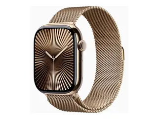 Apple Watch Series 10 (GPS + Cellular) 46 mm - gull titan - smartklokke med fint strikket l&#248;kke - nett av rustfritt st&#229;l - gull - b&#229;ndbredde: S/M - 64 GB - LTE, Wi-Fi 4, UWB, Bluetooth - 4G - 41.7 g
