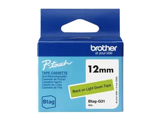 Brother BTAG-G31 - Svart p&#229; lys gr&#248;nn Rull (1,2 cm x 4 m) 1 kassett(er) hengeboks - merketape