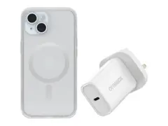 OtterBox Symmetry Series - Baksidedeksel for mobiltelefon MagSafe-samsvar - blank - med Premium Glass-skjermbeskytter og Fast Charge-vegglader USB-C 30 W - for Apple iPhone 16