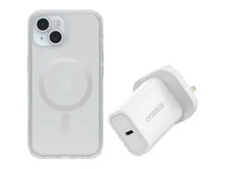 OtterBox Symmetry Series - Baksidedeksel for mobiltelefon MagSafe-samsvar - blank - med Premium Glass-skjermbeskytter og Fast Charge-vegglader USB-C 30 W - for Apple iPhone 16