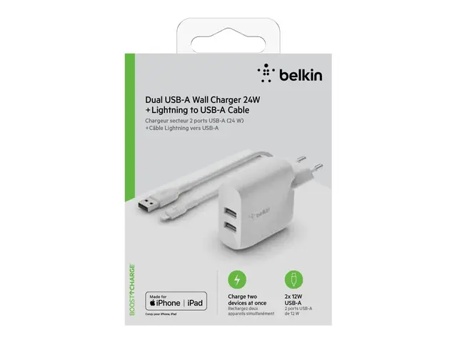 Belkin BoostCharge - Strømadapter 24 watt 2 utgangskontakter (USB)...