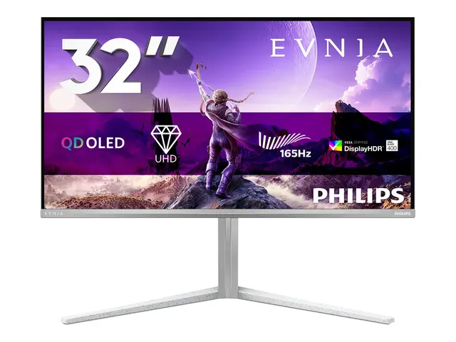 Philips Evnia 6000 32M2N6901A - OLED-skjerm gaming - USB - 32" (31.5" synlig) - 3840 x 2160 4K UHD (2160p) @ 165 Hz - 1000 cd/m² - 1500000:1 - DisplayHDR 400 True Black - 0.03 ms - 2xHDMI, DisplayPort, USB-C - høyttalere - hvit 