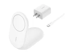 Belkin BoostCharge - Trådløst ladestativ magnetisk, sammenleggbar, med Qi2 + AC-strømadapter - 15 watt - 3 A - Fast Charge, Power Delivery 3.1 - hvit