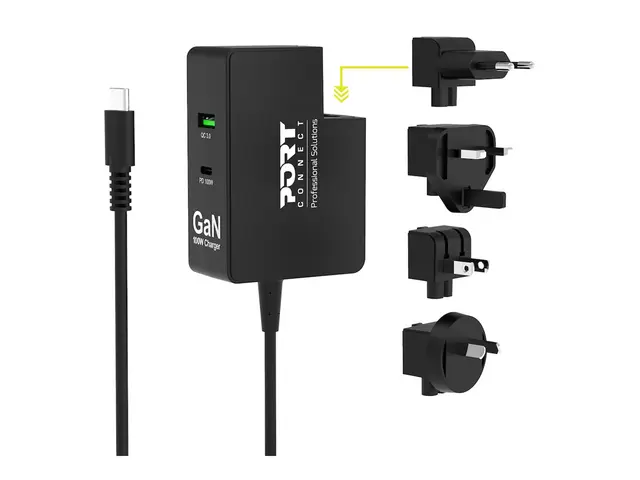 PORT Connect - Strømadapter 100 watt 5 A PD, QC 3 utgangskontakter...