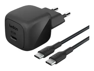 Belkin BoostCharge - Strømadapter - kompakt 45 watt - Power Delivery 3.1, Fast Charge (USB-C) - på kabel: USB-C - med USB-C-kabel (1m)