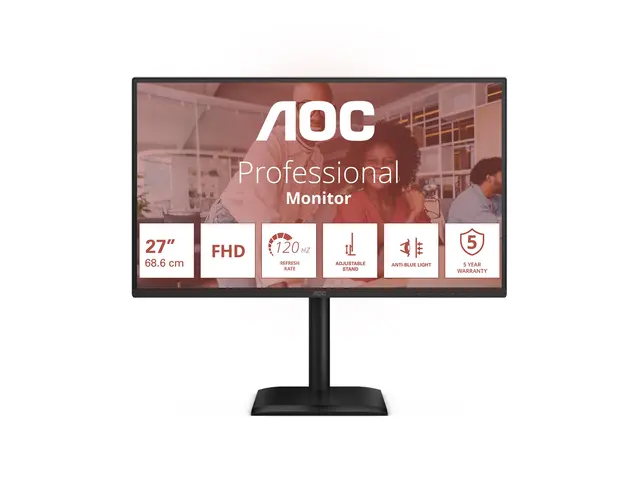 AOC 27E4U - LED-skjerm - 27" - 1920 x 1080 Full HD (1080p) @ 120 Hz IPS - 300 cd/m² - 1500:1 - 4 ms - HDMI, VGA, DisplayPort - høyttalere - svart 