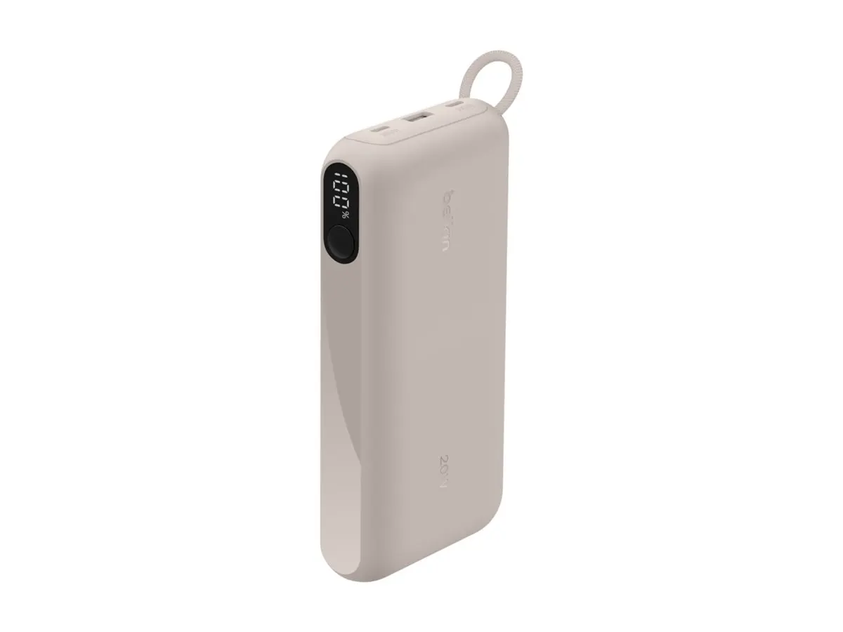 Belkin BoostCharge - Strømbank - med skjerm 20000 mAh - 20 watt - PD - 3 utgangskontakter (2 x USB-C, USB) - på kabel: USB-C - sand