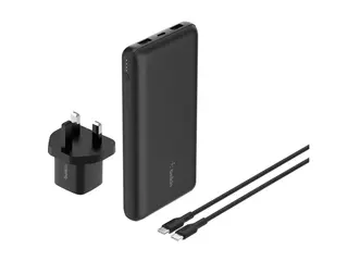 Belkin BoostCharge - Strømbank + AC-strømadapter 20000 mAh - PD - 3 utgangskontakter (USB-C, 2 x USB) - på kabel: USB-C - Storbritannia - med pose med glidelås