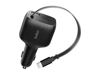Belkin BoostCharge - Bilstrømadapter retraktabel - 75 watt - Fast Charge - 3 utgangskontakter (USB, 2 x USB-C) - svart