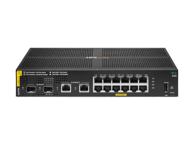 HPE Aruba 6100 12G Class4 PoE 2G/2SFP+ 139W Switch - Switch - Styr...