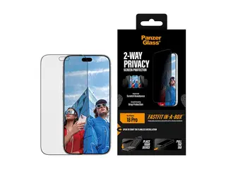 PanzerGlass - Skjermbeskyttelse for mobiltelefon ultra-bred passform med FASTFIT IN-A-BOX - glass - med personvernsfilter - 2-veis - klebemiddel - rammefarge svart - for Apple iPhone 18 Pro