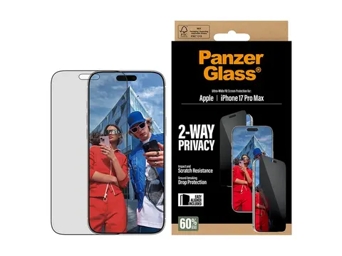 PanzerGlass Privacy - Skjermbeskyttelse for mobiltelefon ultravid passform med EasyAligner - glass - med personvernsfilter - for Apple iPhone 17 Pro Max