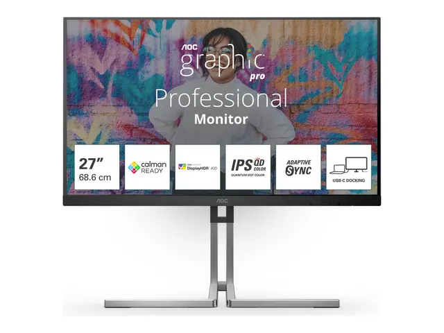 AOC Q27U3CV - Graphic Pro Series - LED-skjerm 27" - 2560 x 1440 QHD @ 75 Hz - IPS - 1000:1 - DisplayHDR 400 - 4 ms - HDMI, DisplayPort, USB-C - høyttalere - svart 