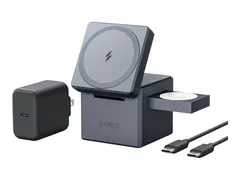Anker 3-in-1 Cube - Tr&#229;dl&#248;st ladestativ - med MagSafe + AC-str&#248;madapter 15 watt - MFI-sertifisert - svart