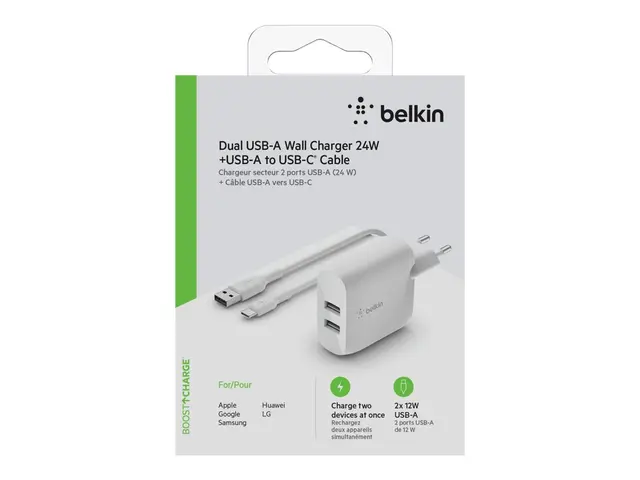 Belkin BoostCharge - Strømadapter 24 watt 2 utgangskontakter (USB)...