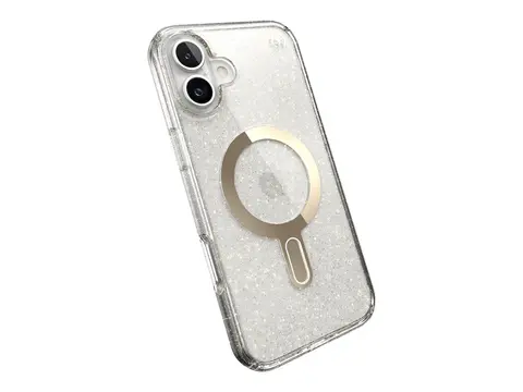 Speck Presidio Lux - Baksidedeksel for mobiltelefon MagSafe-samsvar - hard polykarbonat, bl&#248;t termoplastpolyuretan (TPU) - clear/gold glitter - for Apple iPhone 16 Plus