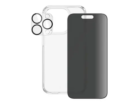 PanzerGlass - 3-i-1 Pakke - skjerm / linse / bakbeskyttelsessett for mobiltelefon glass - med personvernsfilter - rammefarge svart - for Apple iPhone 15 Pro