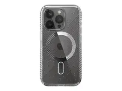 Speck Presidio Lux Glitter - Baksidedeksel for mobiltelefon med klikkl&#229;s - MagSafe-samsvar - polykarbonat, termoplast-polyuretan (TPU) - klar/platinum glitter - for Apple iPhone 15 Pro