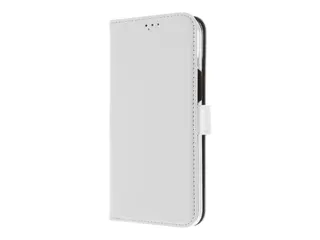 Insmat Exclusive - Lommebok for mobiltelefon ekte skinn, polykarbonat, kartong+papir+aluminiumsfolie, bomullssting - hvit - for Apple iPhone 15 Pro Max