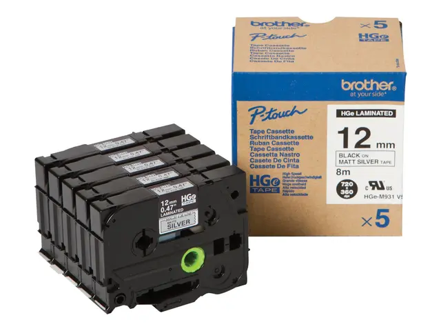 Brother HGE-M931V5 - Sort på sølv Rull (1,2 cm x 8 m) 5 kassett(er...