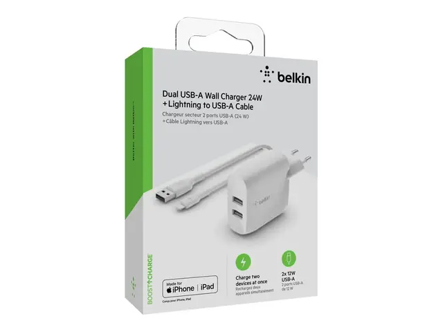 Belkin BoostCharge - Strømadapter 24 watt 2 utgangskontakter (USB)...