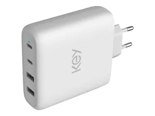 Key - Strømadapter - 100 watt - 5 A PD 3.0 - 4 utgangskontakter (2 x USB, 2 x USB-C) - hvit