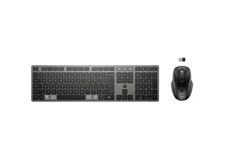 HP 725 - Tastatur- og mussett - multi-enhet, oppladbar, drevet av SuperCapacitor full size - trådløs - Bluetooth, 2.4 GHz - Pan Nordic - kveldningssvart - Smart Buy