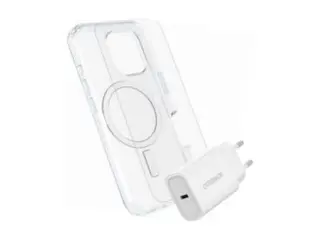 OtterBox Symmetry Series - Baksidedeksel for mobiltelefon MagSafe-samsvar - blank - med Premium Glass-skjermbeskytter og Fast Charge-vegglader USB-C 30 W - for Apple iPhone 16
