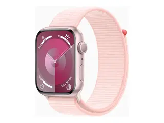 Apple Watch Series 9 (GPS) - 45 mm rosa aluminium - smartklokke med sportssløyfe - myk dobbeltlagsnylon - lys rosa - 64 GB - Wi-Fi, Bluetooth, UWB - 38.7 g