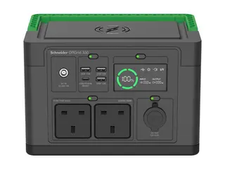 Schneider OffGrid 330 - B&#230;rbar str&#248;mstasjon LCD, 2 BS1363-uttak, sinuskurve, 3 USB-A, 1 USB-C, tr&#229;dl&#248;s lader - AC 230 V - 330 watt - litiumion - 332 Wh - utgangskontakter: 2 - Storbritannia - svart, gr&#248;nn