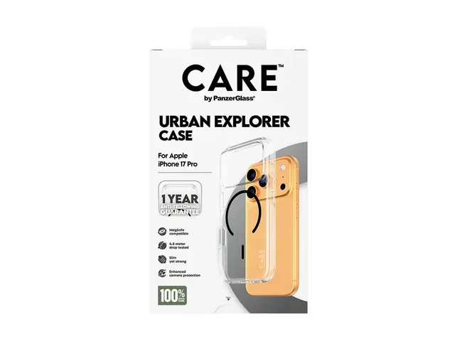 PanzerGlass CARE iPhone 17 Pro Urban Explorer deksel (gjennomsiktig/sort) Slankt, men sterkt, MagSafe-kompatibel, laget av resirkulerte materialer 
