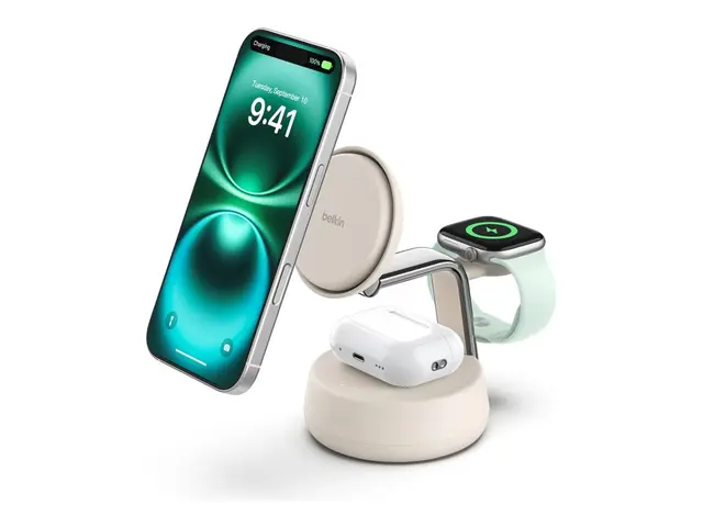 Belkin UltraCharge Pro - Trådløst ladestativ 3-i-1, Qi2 + AC-strøm...