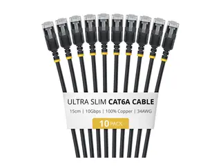 Startech - Koblingskabel - RJ-45 (hann) til RJ-45 (hann) 15 cm - 3.7 mm - U/FTP - CAT 6a - ultra-slim, uten hindringer, flertrådet, formstøpt - svart (en pakke 10)