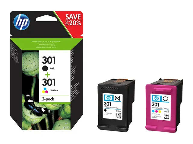 HP 301 - 2-pack svart, farge (cyan, magenta, gul) original blister...