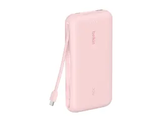 Belkin BoostCharge - Strømbank med integrert kabel - 20000 mAh - 30 watt - PD - 3 utgangskontakter (2 x USB-C, USB) - MFI-sertifisert - rosa