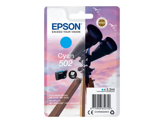 Epson 502 - 3.3 ml - cyan - original - blære med RF/lyd-alarm - bl...