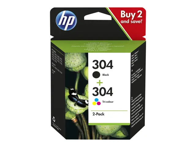 HP 304 - 2-pack pigmentert svart, farge (cyan, magenta, gul) origi...